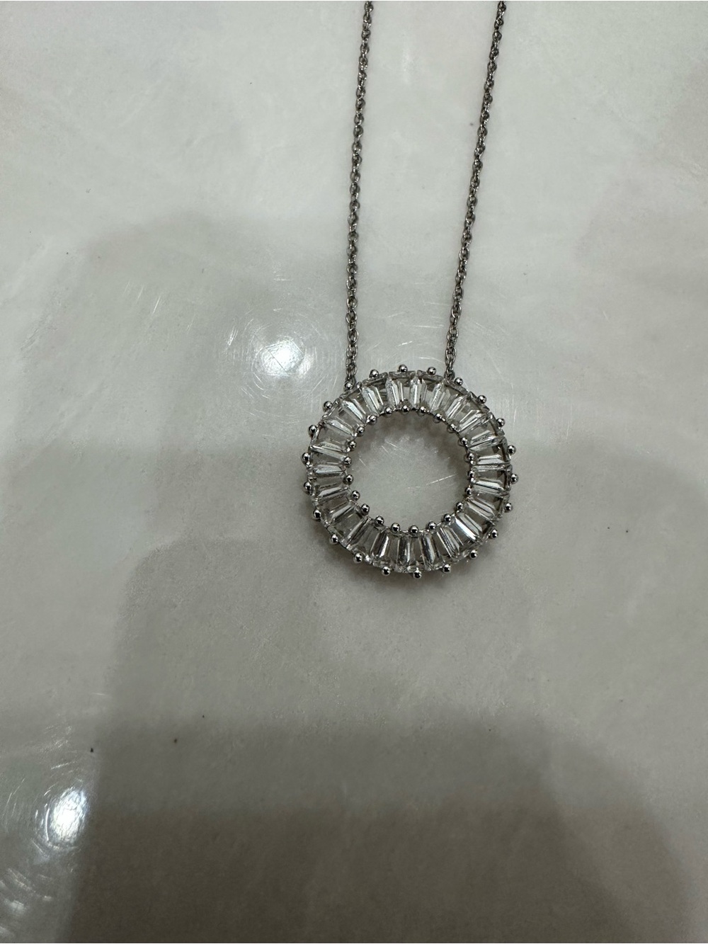 Sterling Silver Circle Pendant Necklace with white sapphire Stones - White